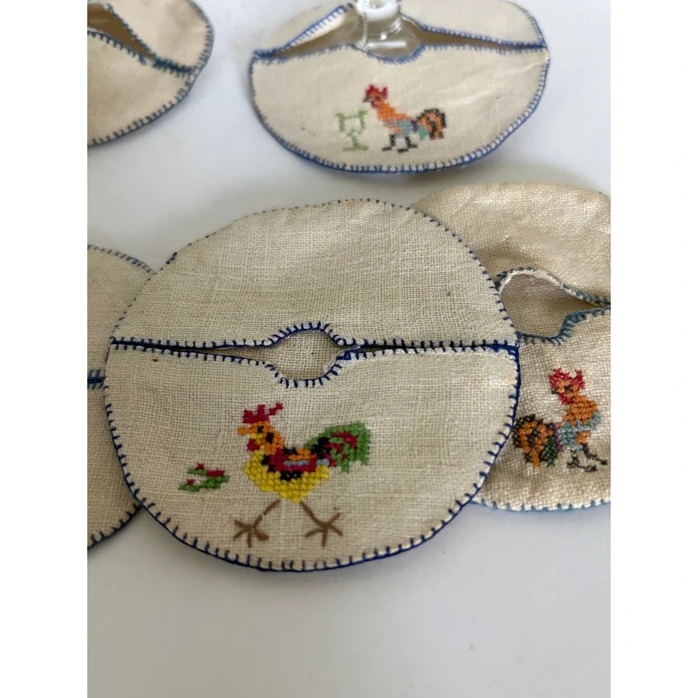 2 Cordial Glasses 6 Handmade Vintage Folk Art Stitched Chicken Coaster Cosies